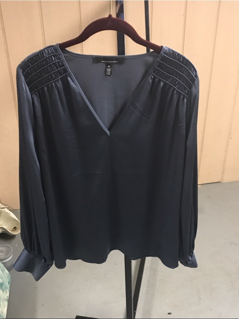 White House Black Market Navy V-Neck Pleated Shoulder Blouse